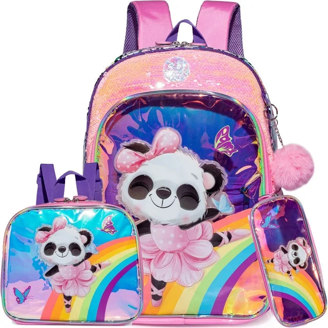 3PCSCute Backpack for Girls Pink Panda Cat School Backpacks Kids Sequin Bookbag for Elementary Kindergarten Students with Lunch