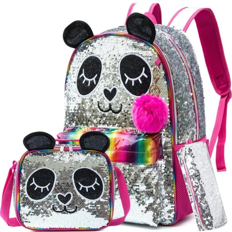 3PCSCute Backpack for Girls Pink Panda Cat School Backpacks Kids Sequin Bookbag for Elementary Kindergarten Students with Lunch