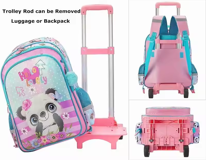 Rorete 17" 4 In 1 Cartoon Trolley Bag For Kids Set With Lunch Box Pencil Case, Custom Trolley School Backpack For Girls