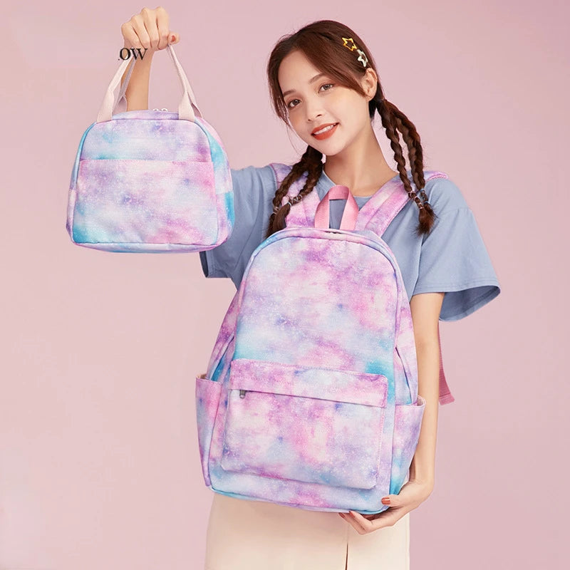 3pcs/set School Backpack Girl Star Graffiti Print Lady Schoolbag Light Waterproof Book Bag Lunch with Pencil Case