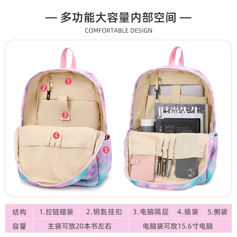 3pcs/set School Backpack Girl Star Graffiti Print Lady Schoolbag Light Waterproof Book Bag Lunch with Pencil Case