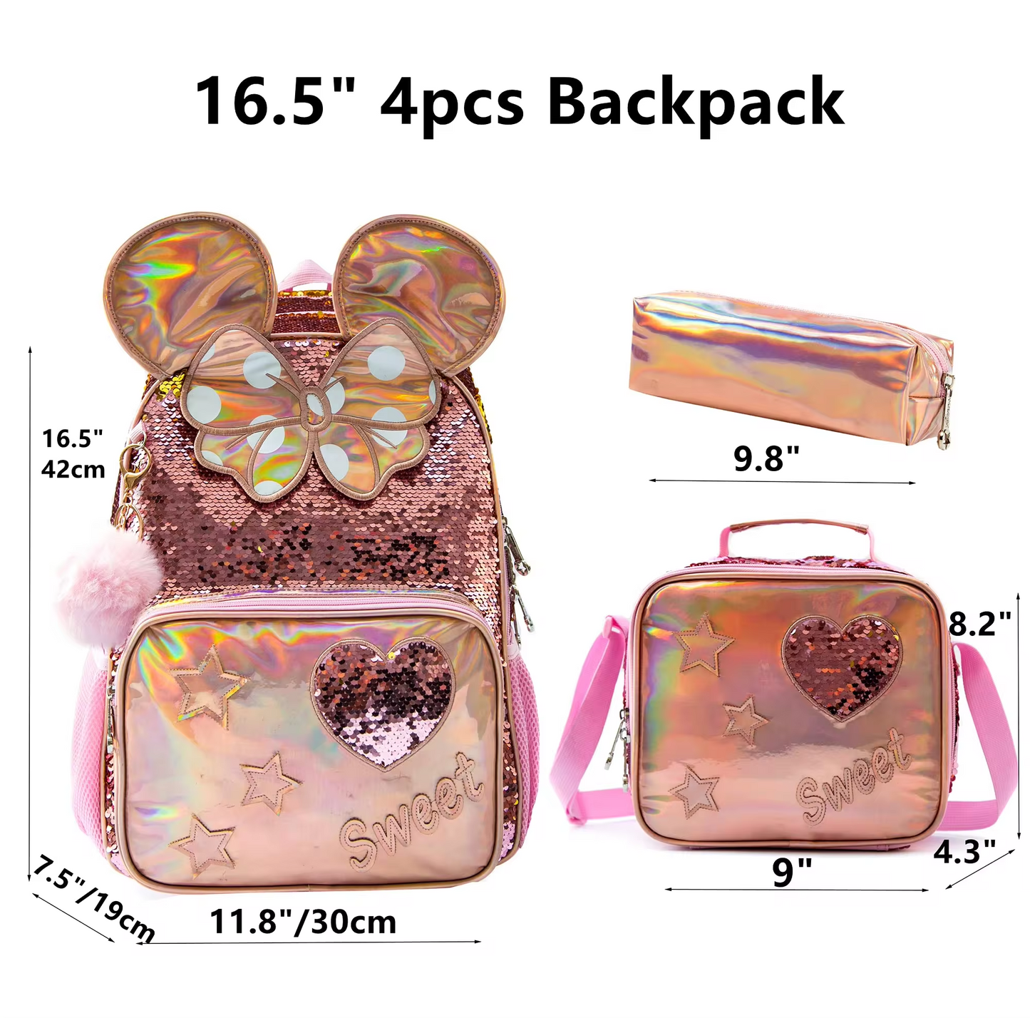 Rorete Backpack for Girls 16" 3pcs School Backpacks with Lunch Box for Elementary Students Travel Sequin Backpack for Girls