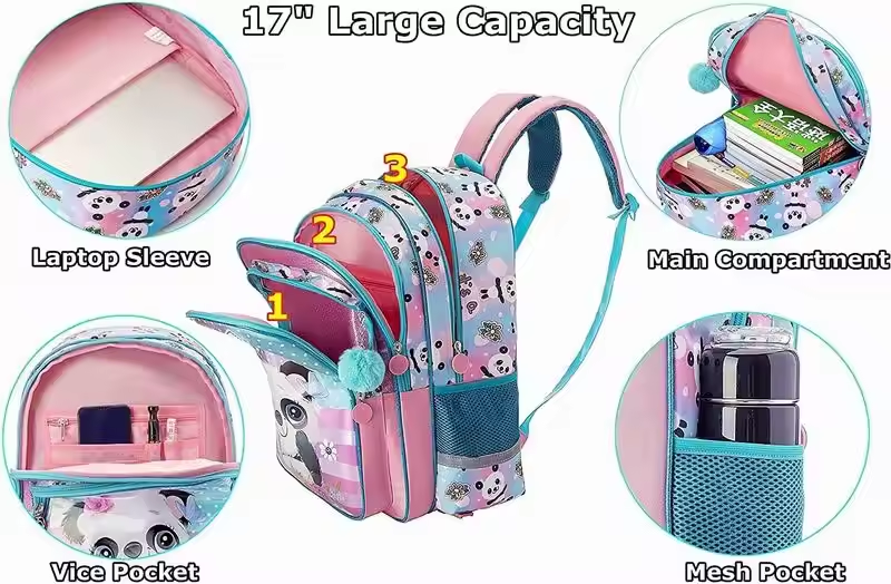 Rorete 17" 4 In 1 Cartoon Trolley Bag For Kids Set With Lunch Box Pencil Case, Custom Trolley School Backpack For Girls