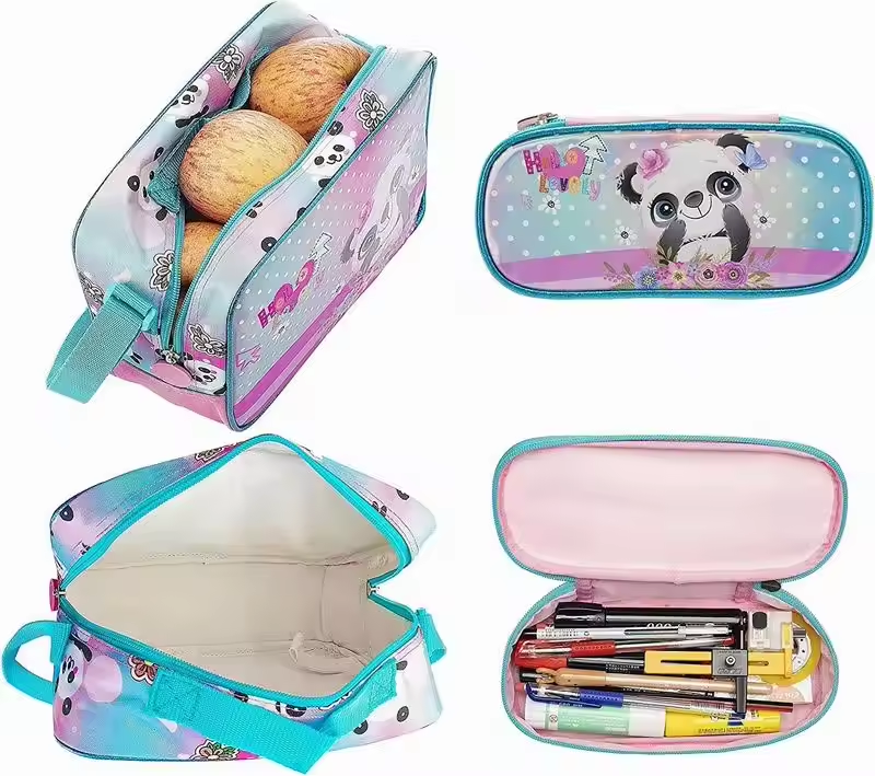 Rorete 17" 4 In 1 Cartoon Trolley Bag For Kids Set With Lunch Box Pencil Case, Custom Trolley School Backpack For Girls