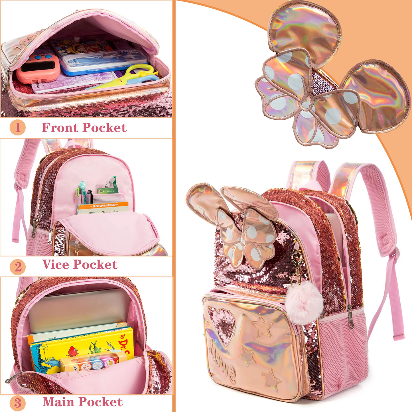 Rorete Backpack for Girls 16" 3pcs School Backpacks with Lunch Box for Elementary Students Travel Sequin Backpack for Girls