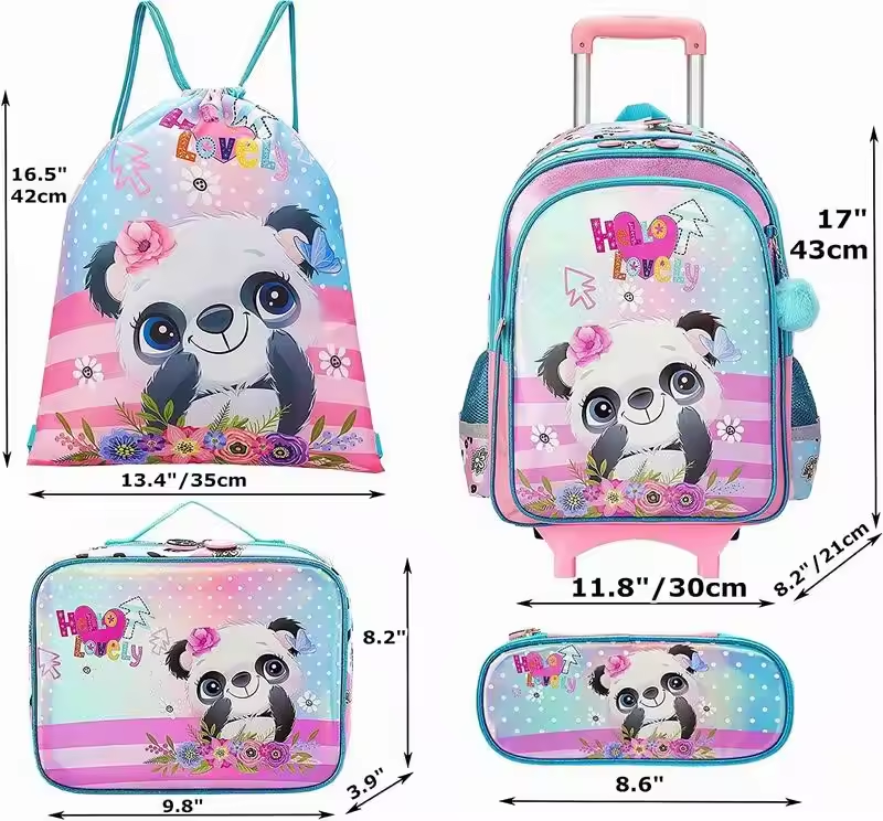 Rorete 17" 4 In 1 Cartoon Trolley Bag For Kids Set With Lunch Box Pencil Case, Custom Trolley School Backpack For Girls