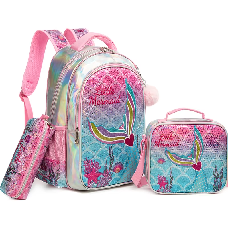 Rorete New Style Mermaid Sequin Purple Bookbag For Girl Backpack 3-Piece With Insulated Lunch Bag And Pencil Bag