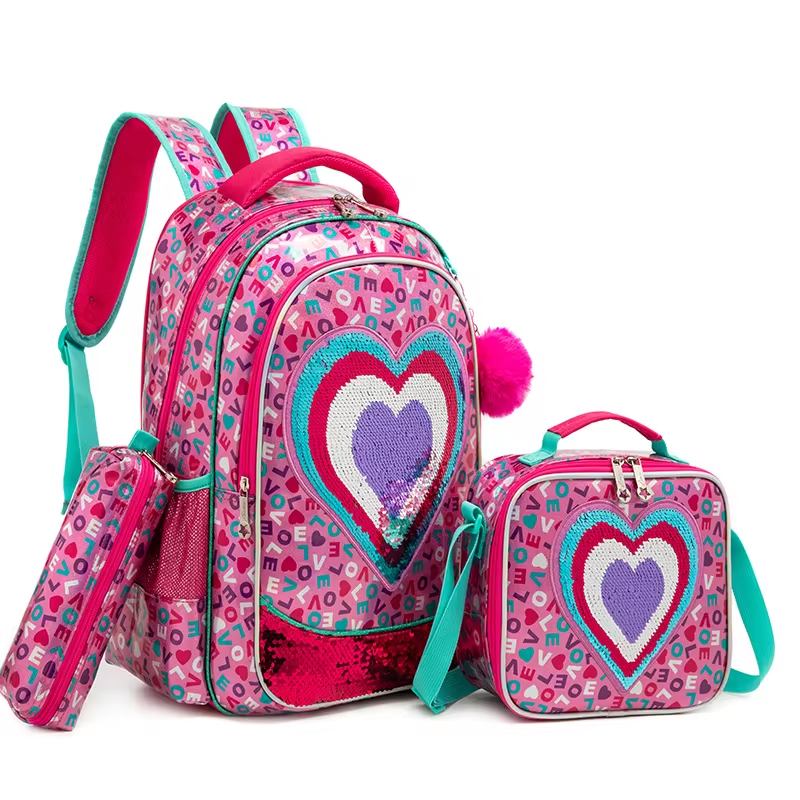 Rorete New Style Mermaid Sequin Purple Bookbag For Girl Backpack 3-Piece With Insulated Lunch Bag And Pencil Bag