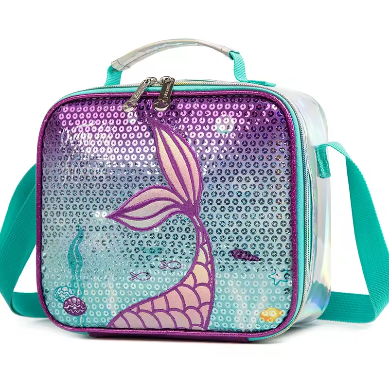 Rorete New Style Mermaid Sequin Purple Bookbag For Girl Backpack 3-Piece With Insulated Lunch Bag And Pencil Bag