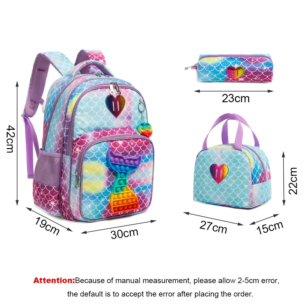 Mermaid Press Bubbles Girls' School Backpack for Girls 2022 Lunch Box Pencil Case 3 In 1 Bookbag for Girls Backpacks for Student