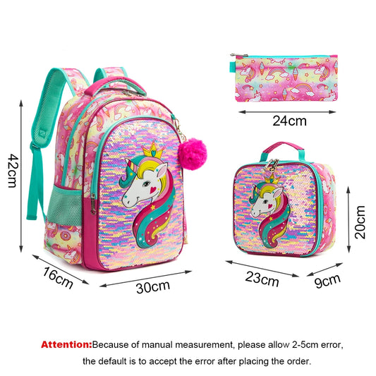 Unicorn Sequins School Bags for Girls Kids Backpack with Lunch Box 3 IN 1 Back Pack Large Capacity School Book Bags 2022