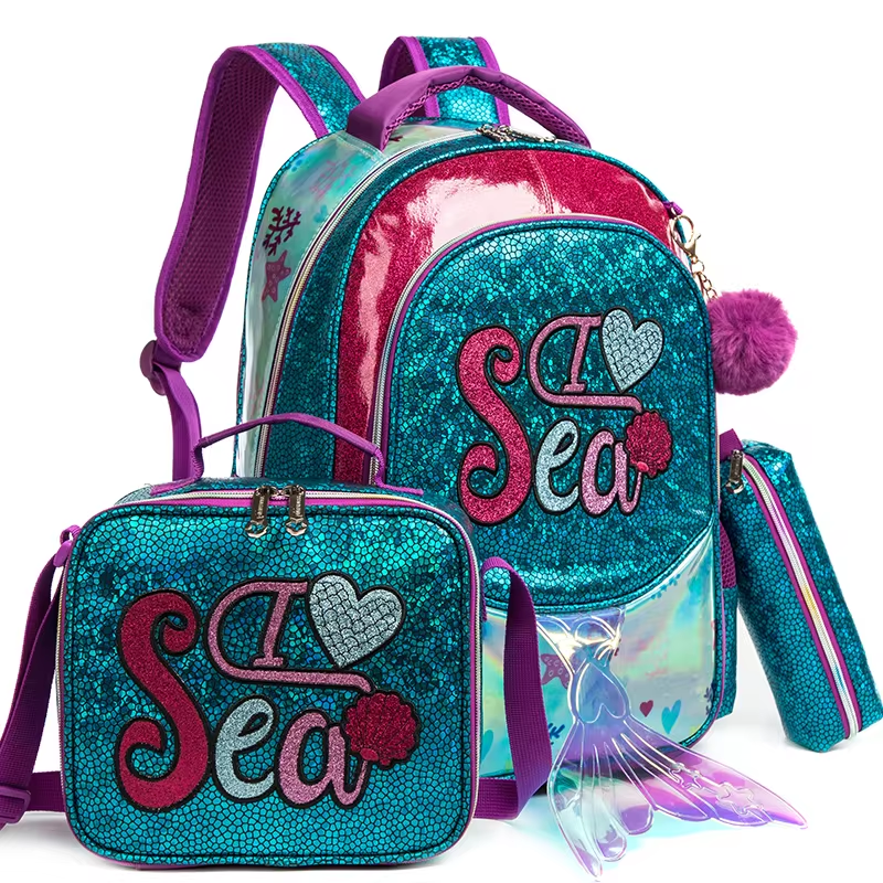 Rorete New Style Mermaid Sequin Purple Bookbag For Girl Backpack 3-Piece With Insulated Lunch Bag And Pencil Bag