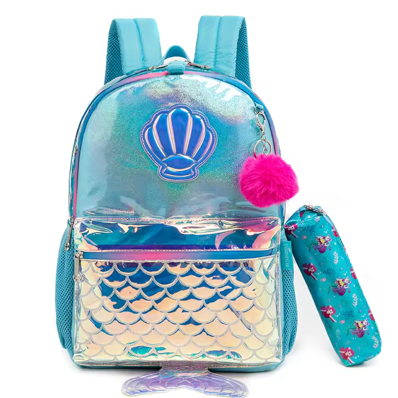 Rorete Factory Direct 3 In 1 Mermaid Shell School Bag Cartoon Backpack With Lunch Bag Pencil Bag For Girls