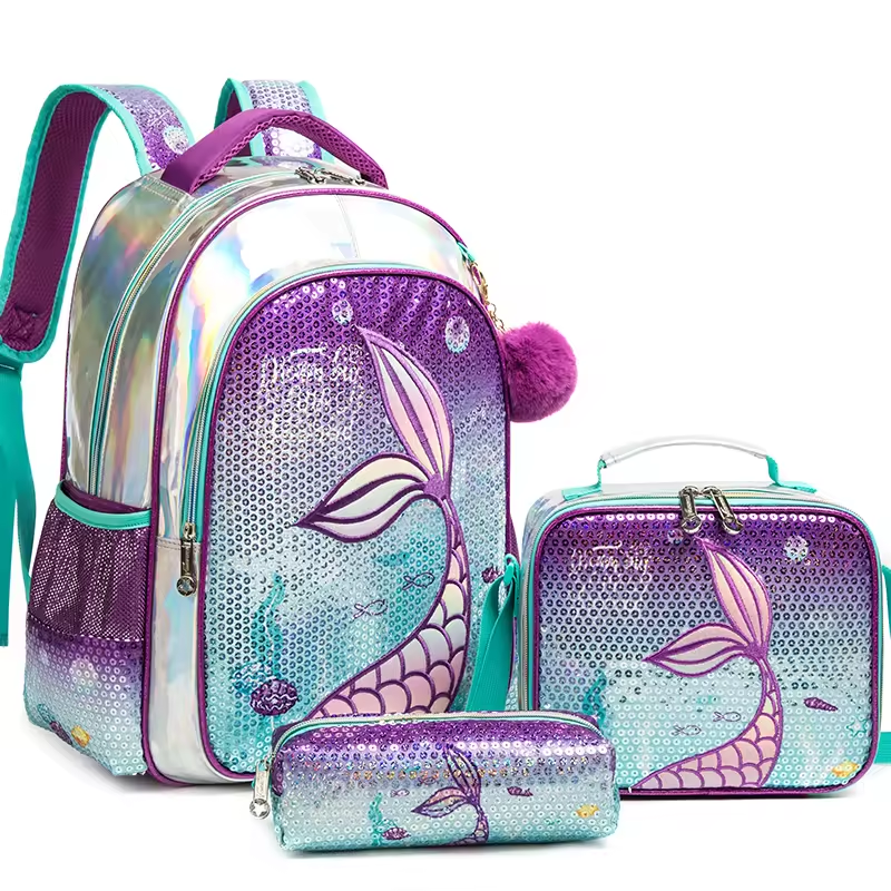 Rorete New Style Mermaid Sequin Purple Bookbag For Girl Backpack 3-Piece With Insulated Lunch Bag And Pencil Bag