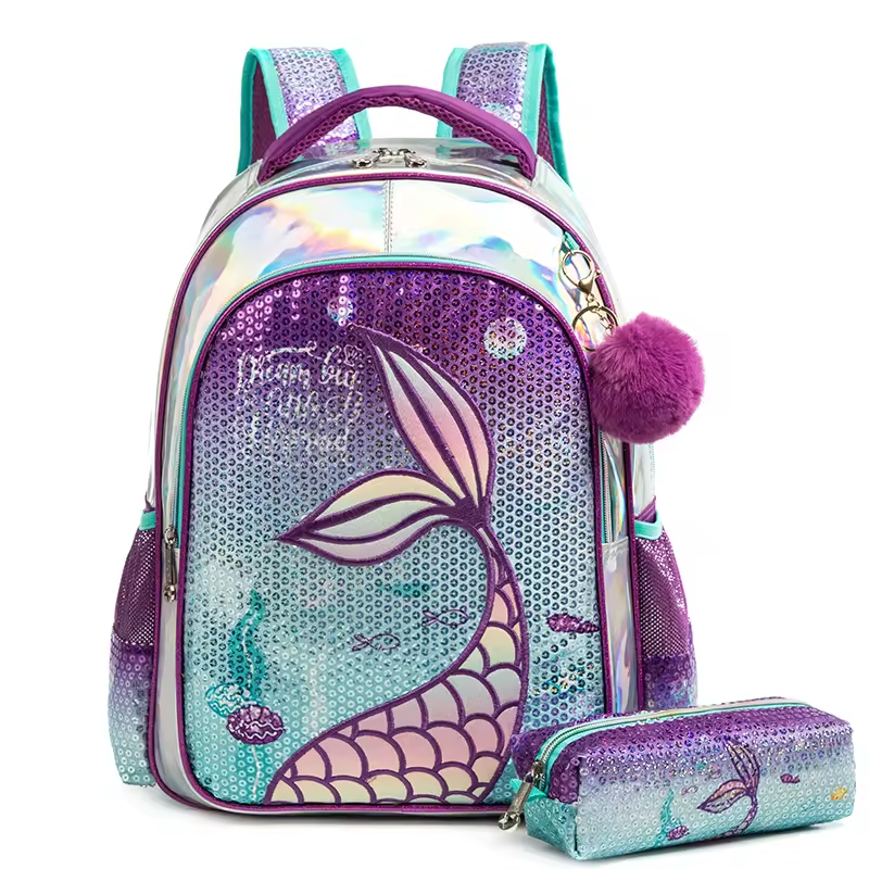 Rorete New Style Mermaid Sequin Purple Bookbag For Girl Backpack 3-Piece With Insulated Lunch Bag And Pencil Bag